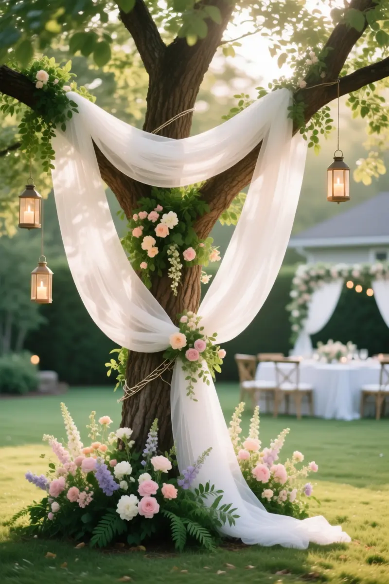 13. Ethereal Chiffon Draping on Trees