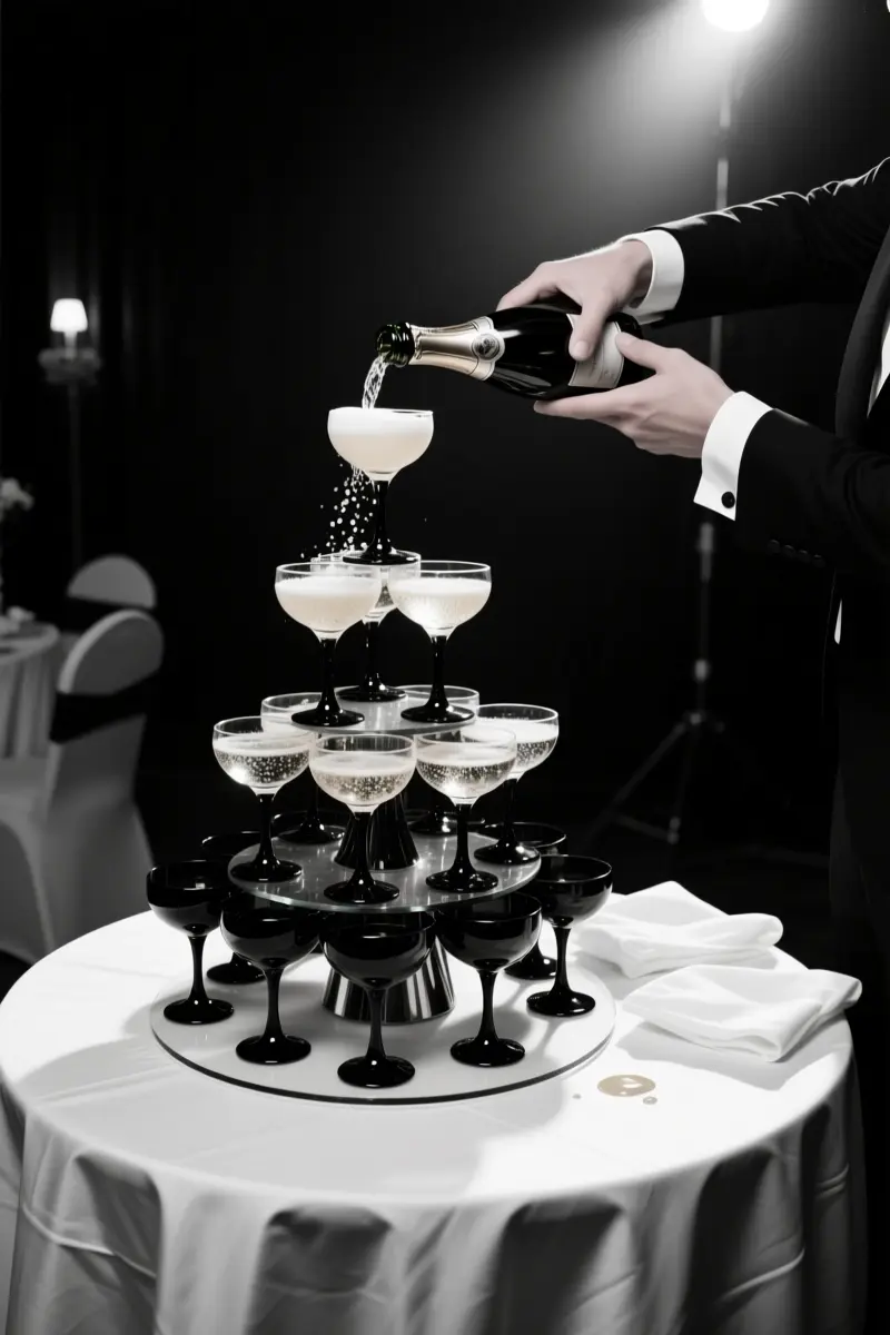 9. Sophisticated Champagne Tower with Dark Glass Accents