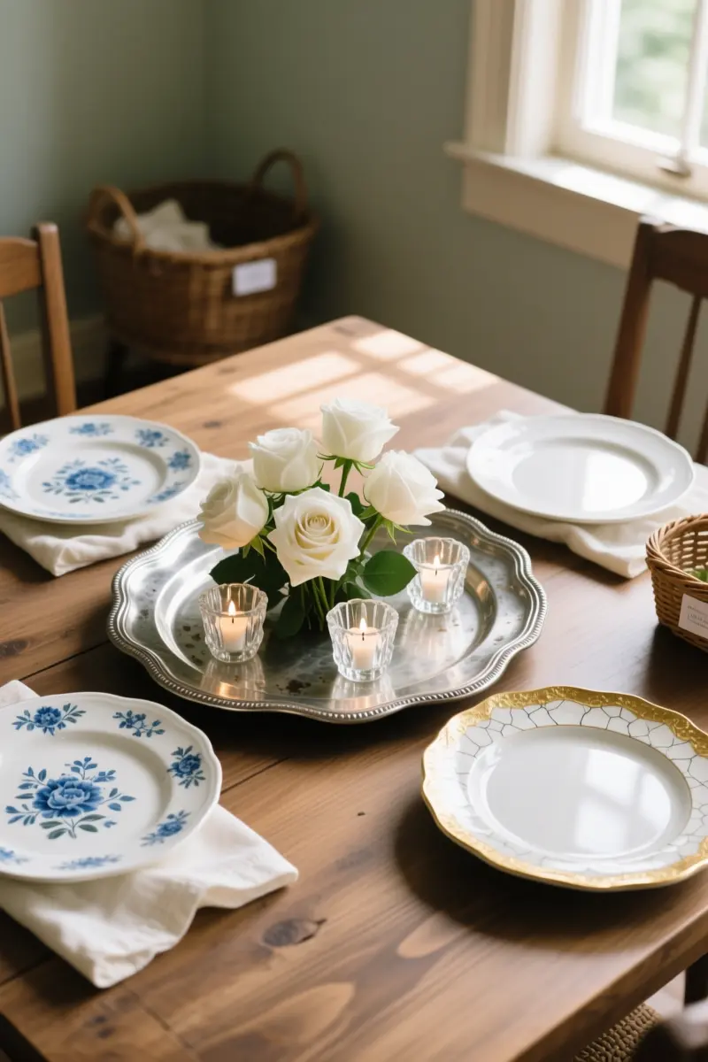7. Tarnished Silver Platters & Eclectic Dinner Plates