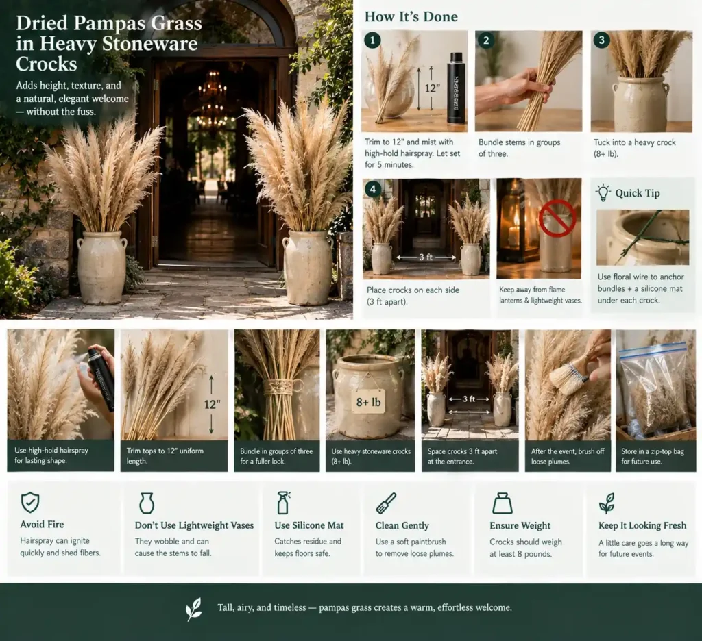 Dried Pampas Grass in Heavy Stoneware Crocks Idea