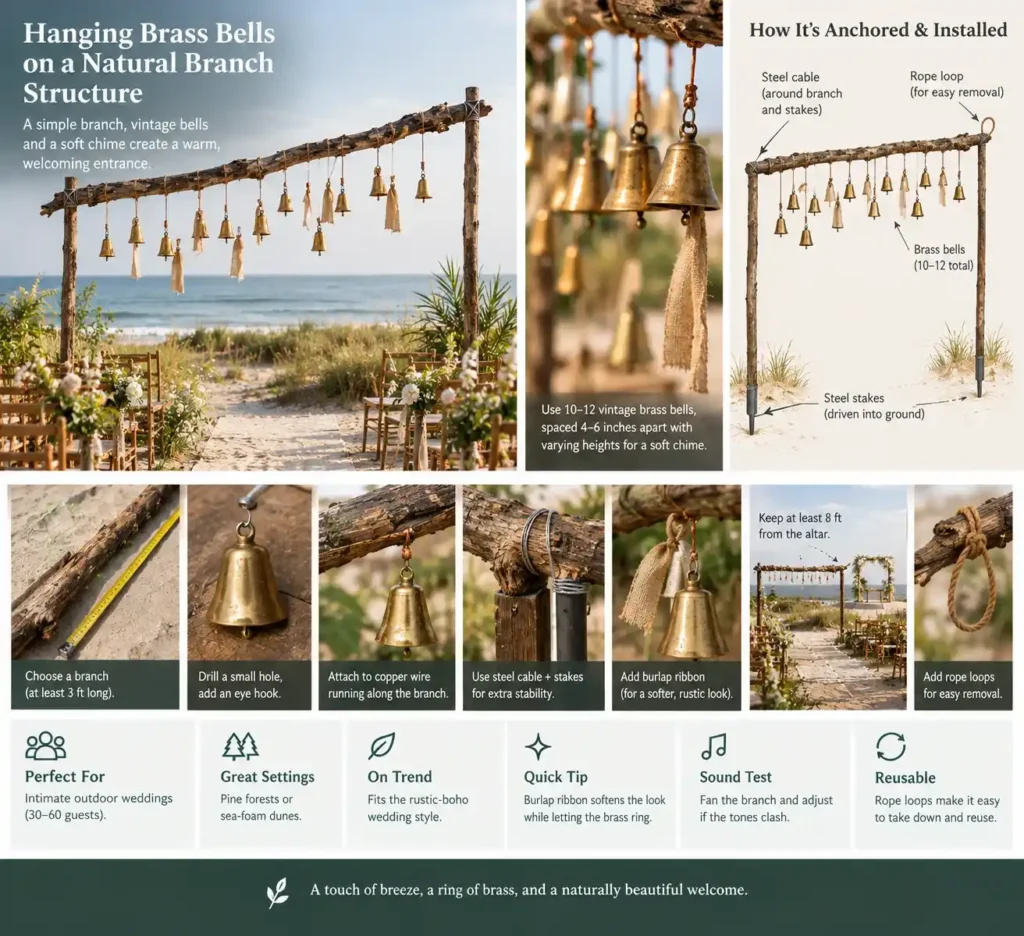 Hanging Brass Bells on a Natural Branch Structure Idea