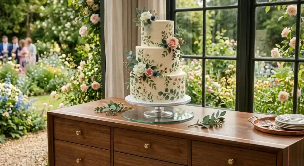 Illustrated Botanical Wedding Cakes Served on Vintage Dressers