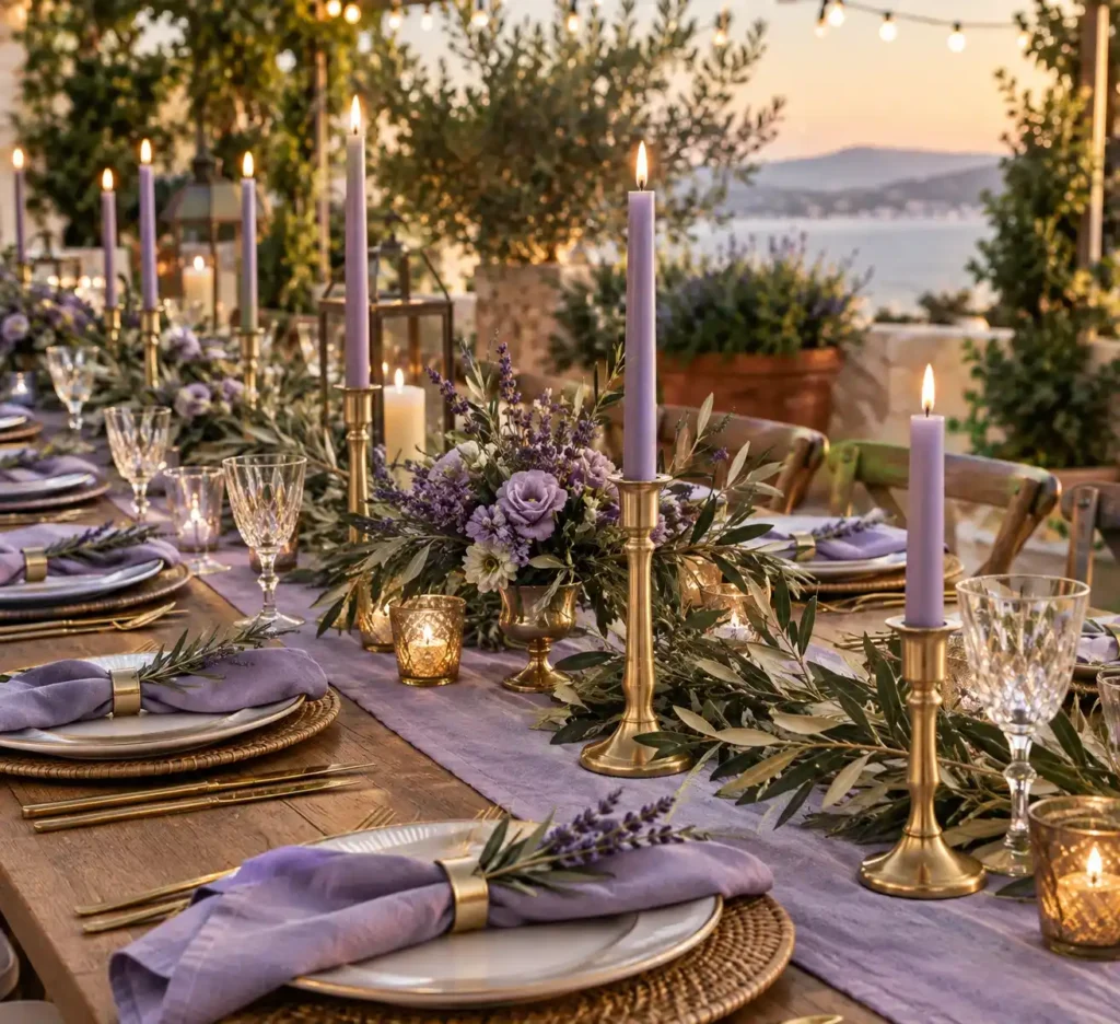 Lavender and Olive Sunset Tablescape