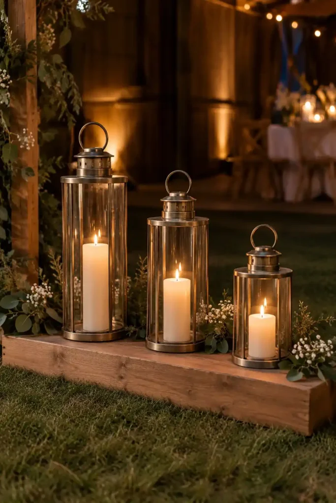 Mixed-Height Hurricane Lanterns with Pillar Candles Idea