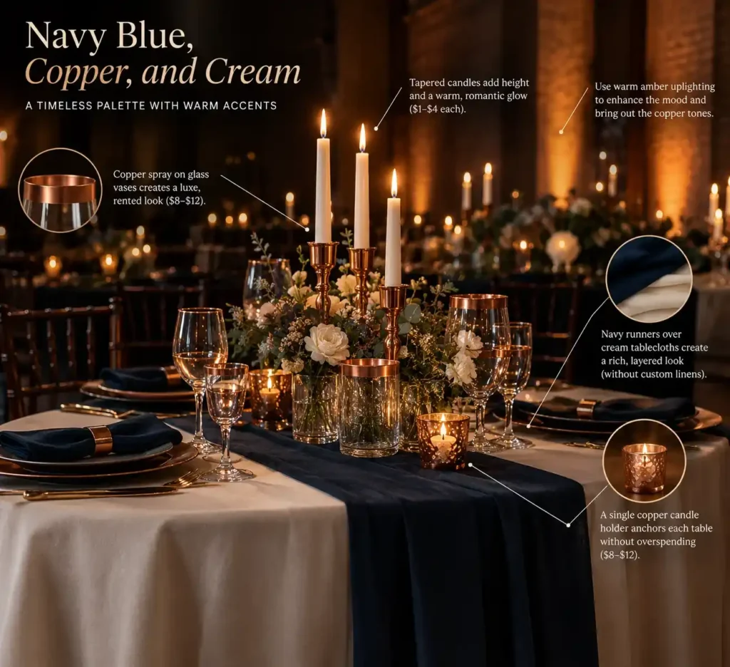 Navy, Copper, and Cream Wedding Tabletop