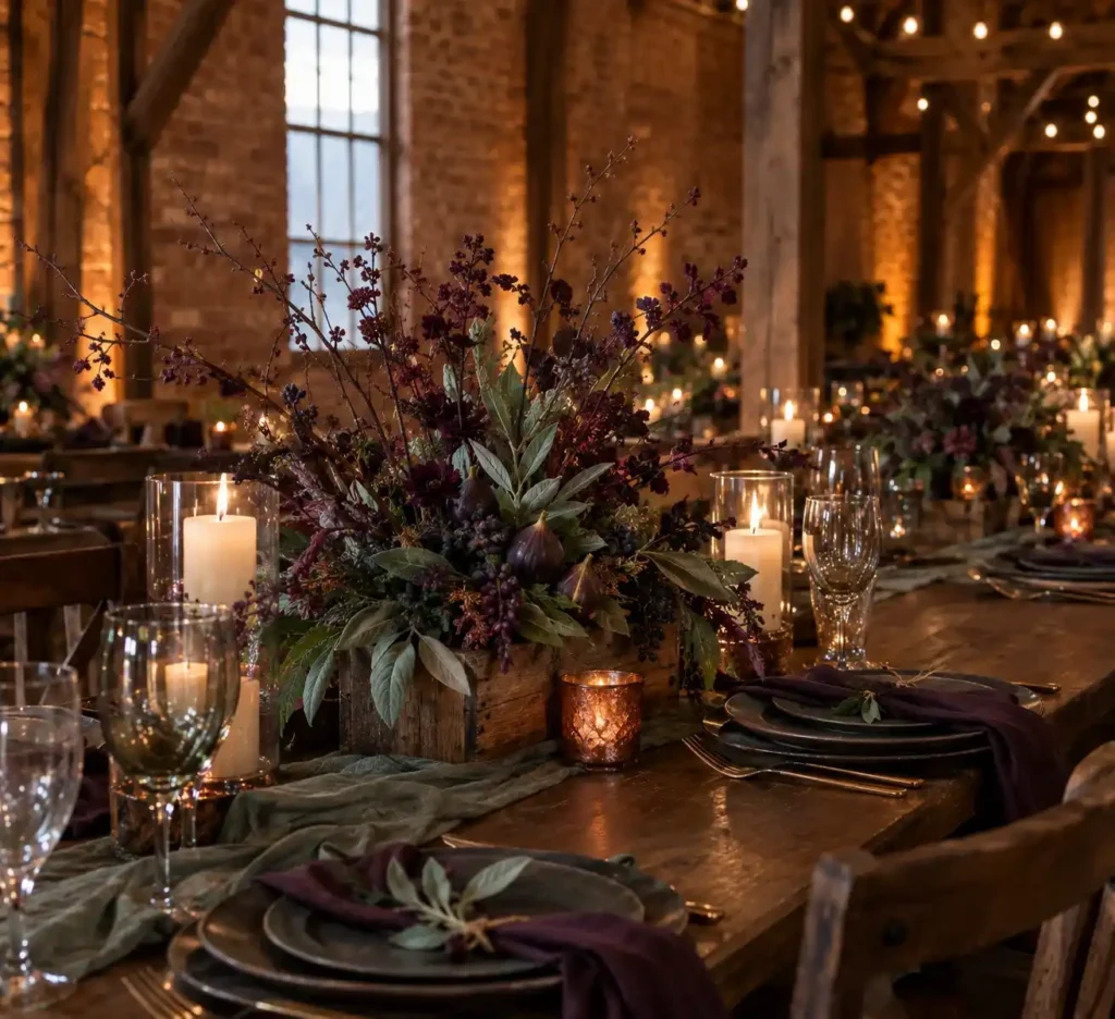 Plum, Fig, and Sage Green wedding scheme color idea