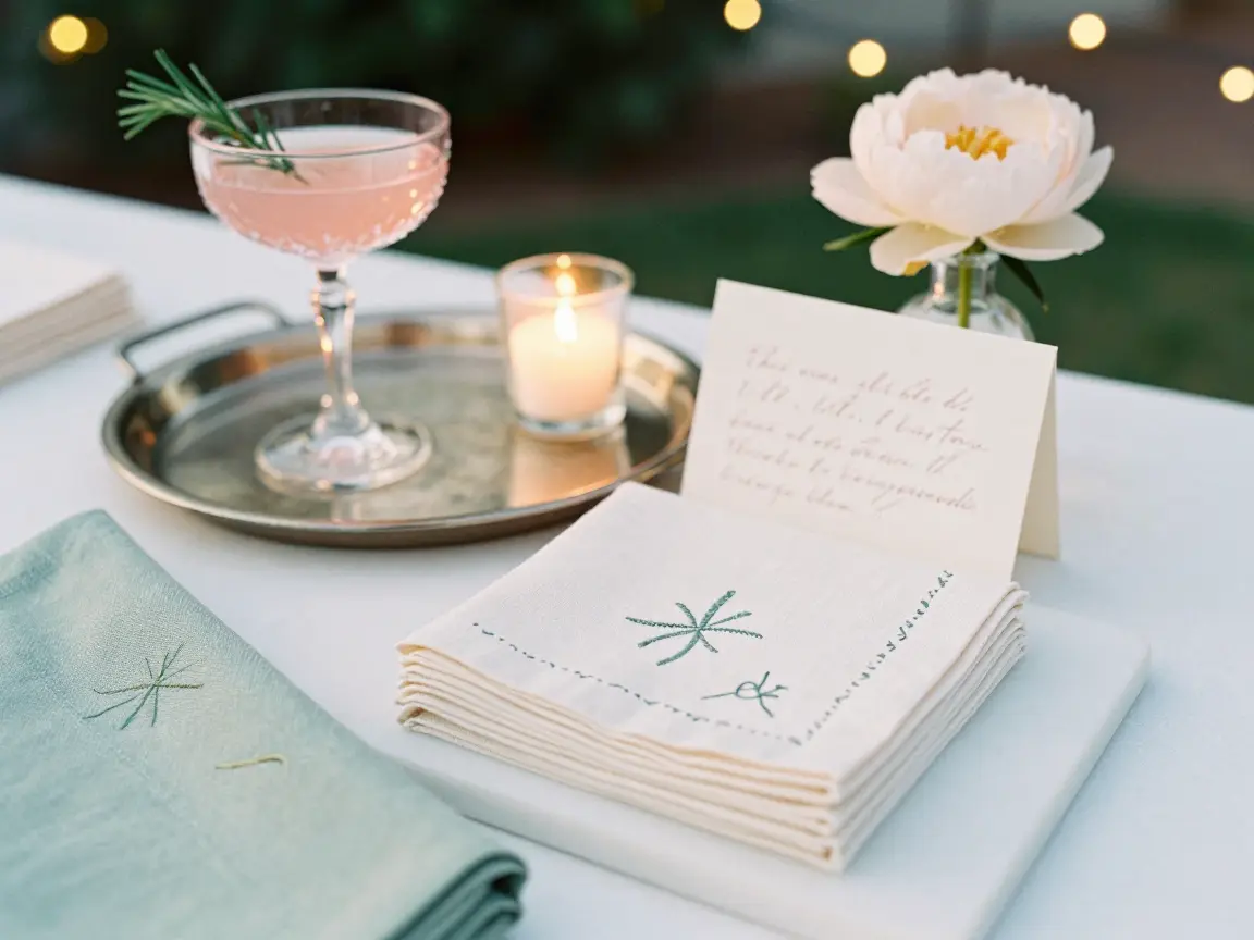 Embroidered linen cocktail napkins with a handwritten note, a practical bridesmaid proposal idea
