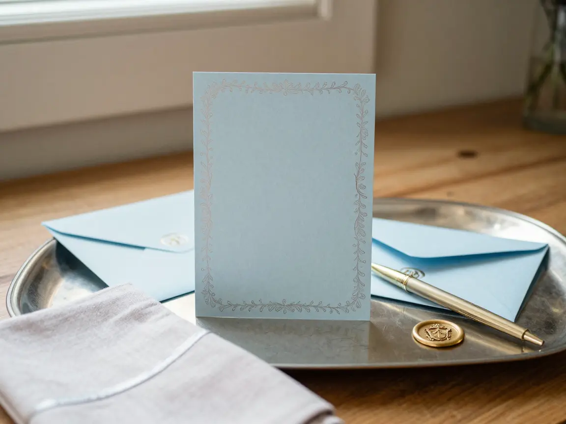Powder blue deckled-edge invitation with a gold foil monogram, one of 16 Rococo wedding ideas
