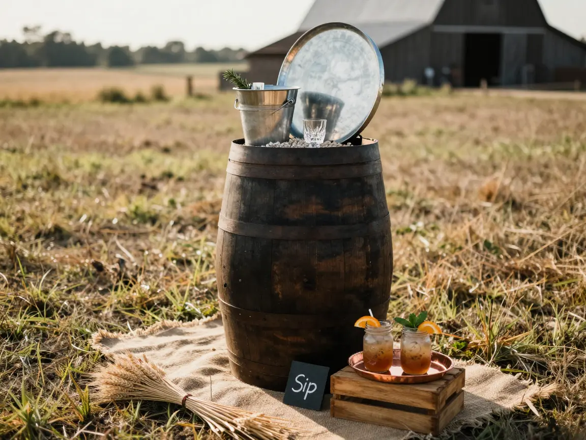 Whiskey barrel high-top cocktail table with a galvanized zinc top