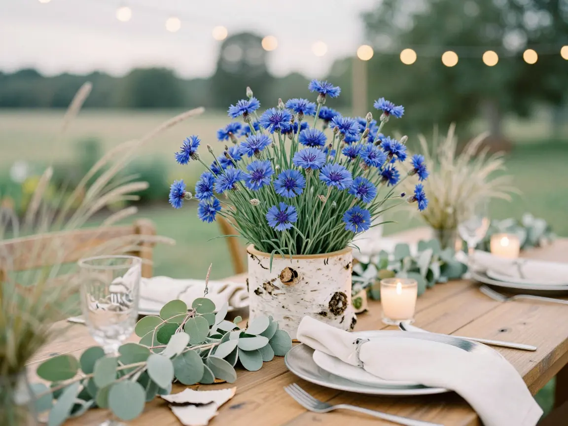 11. Birch Log Planters with Blue Cornflowers