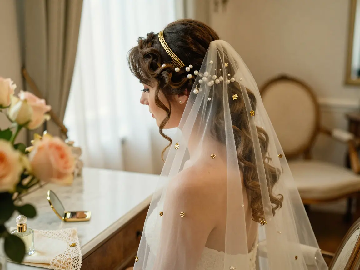 Sheer organza veil with seed pearls and brass filigree over a half-up hairstyle