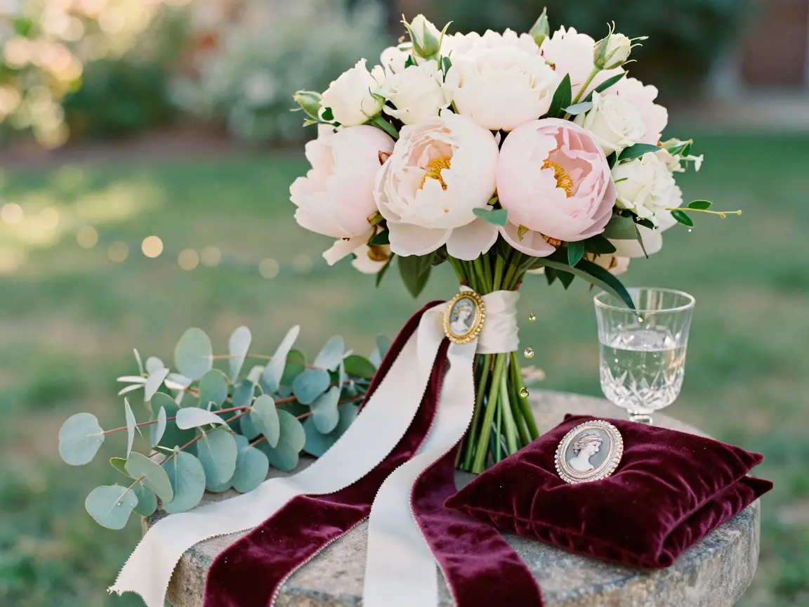 Bridal bouquet wrapped in velvet ribbon with an antique cameo brooch