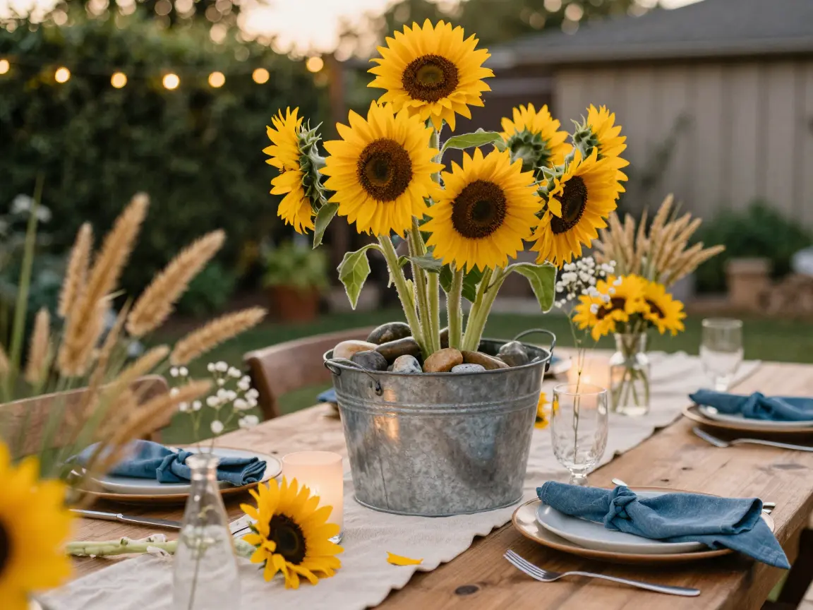13. Galvanized Metal Buckets with Sunflowers and Goldenrod