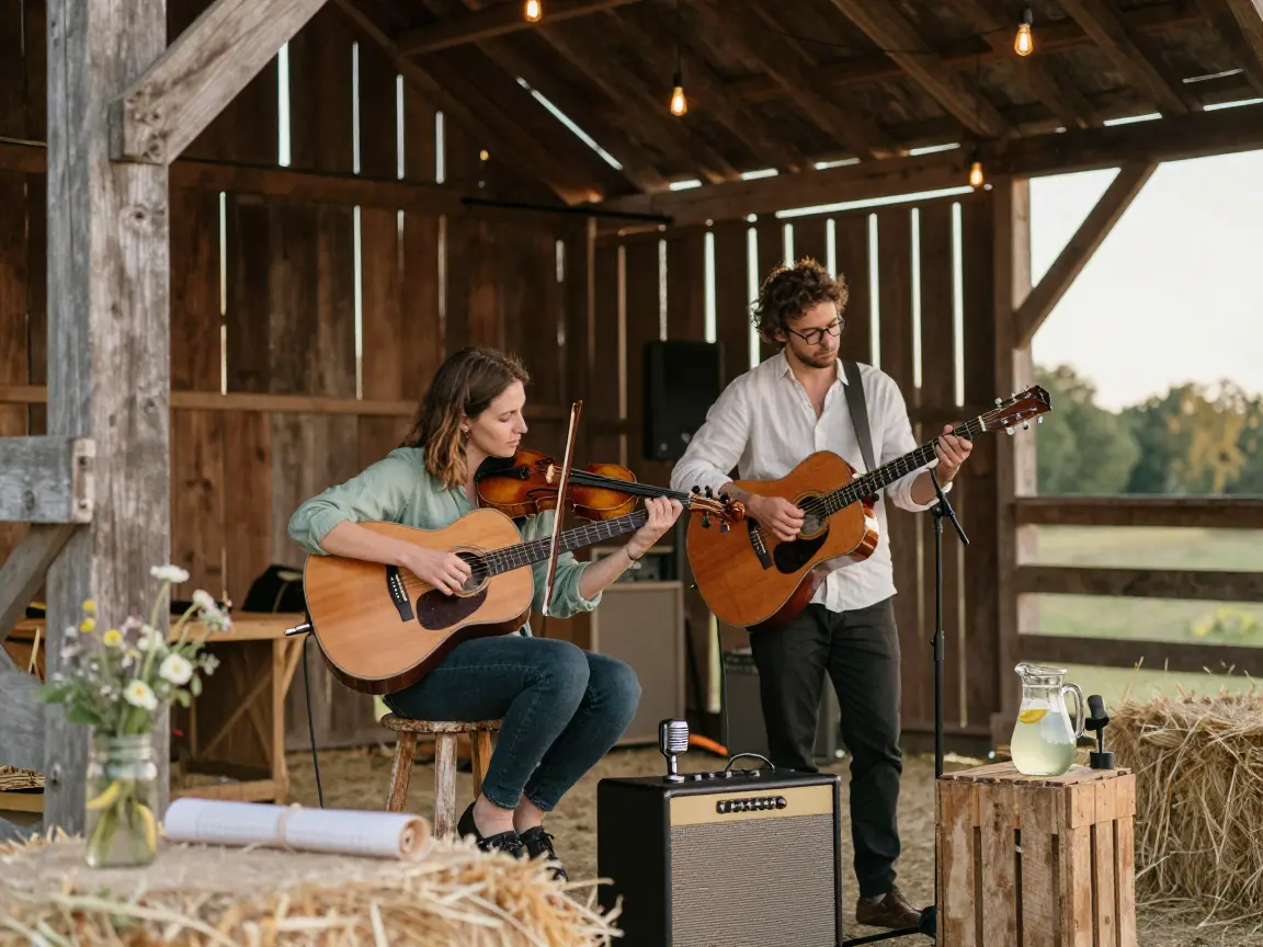 Acoustic fiddle and guitar duo playing at a country wedding