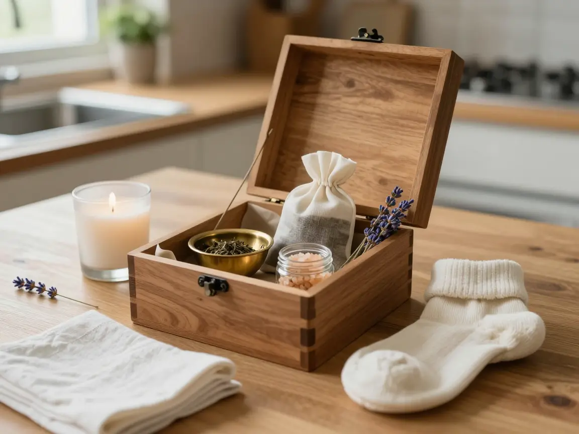 Wooden slide box with loose-leaf tea, a brass tea strainer, and bath salts