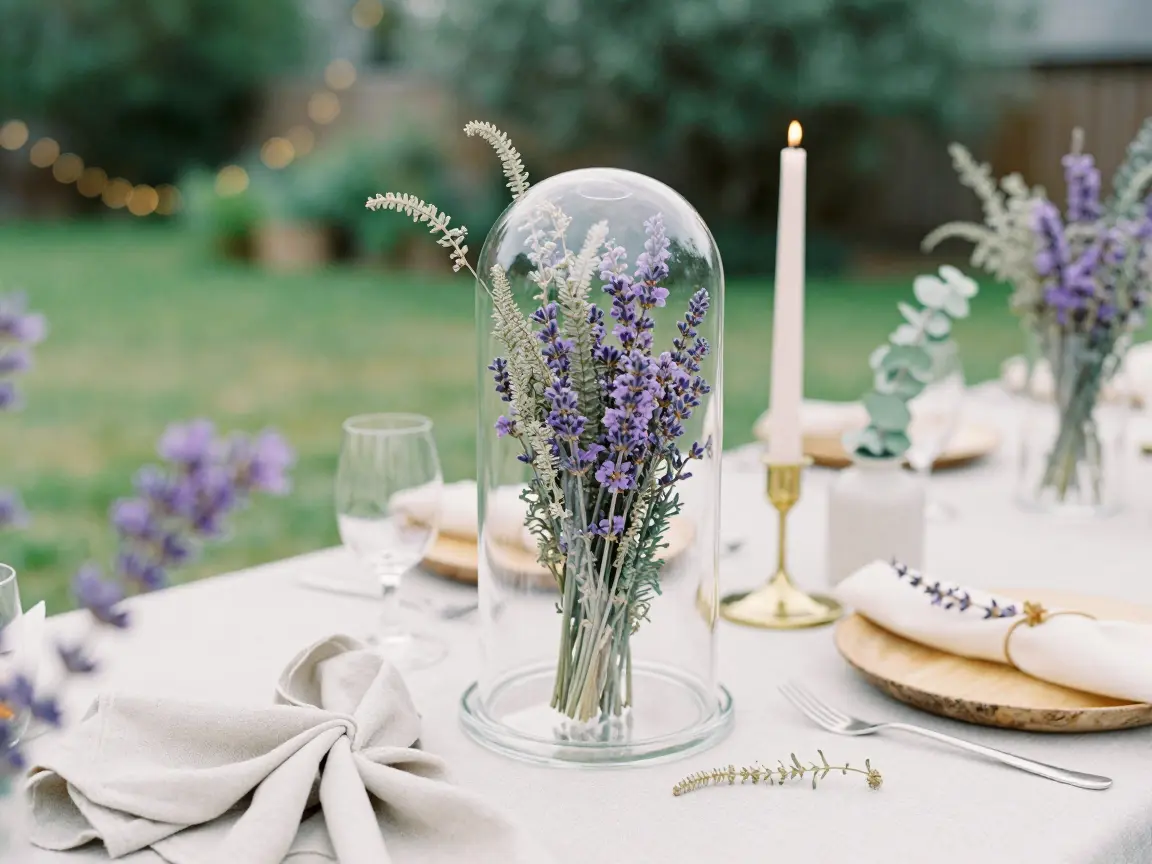 14. Glass Cloches with Dried Larkspur and Ferns