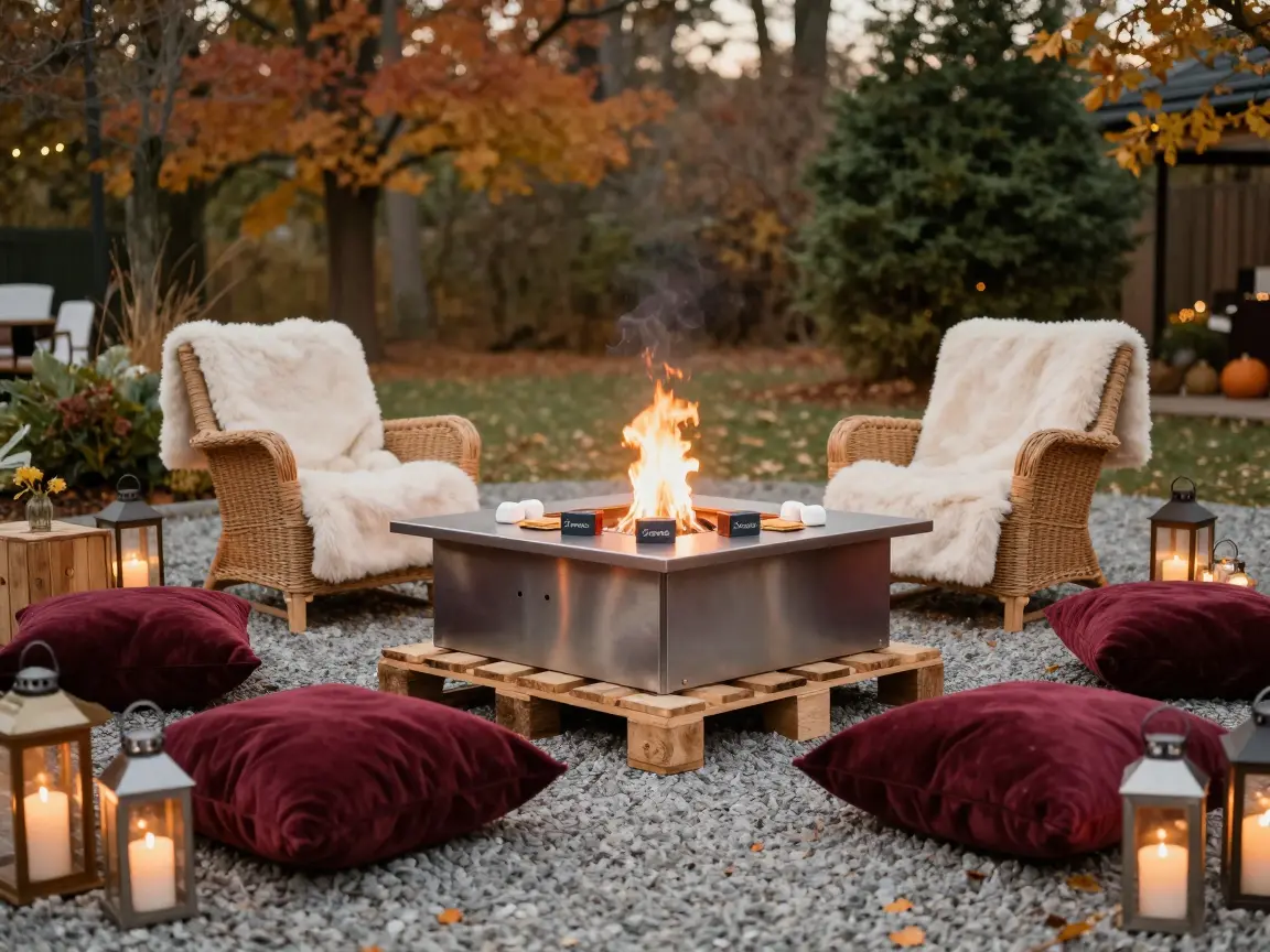 Portable propane fire pit surrounded by seating with marshmallow and chocolate supplies