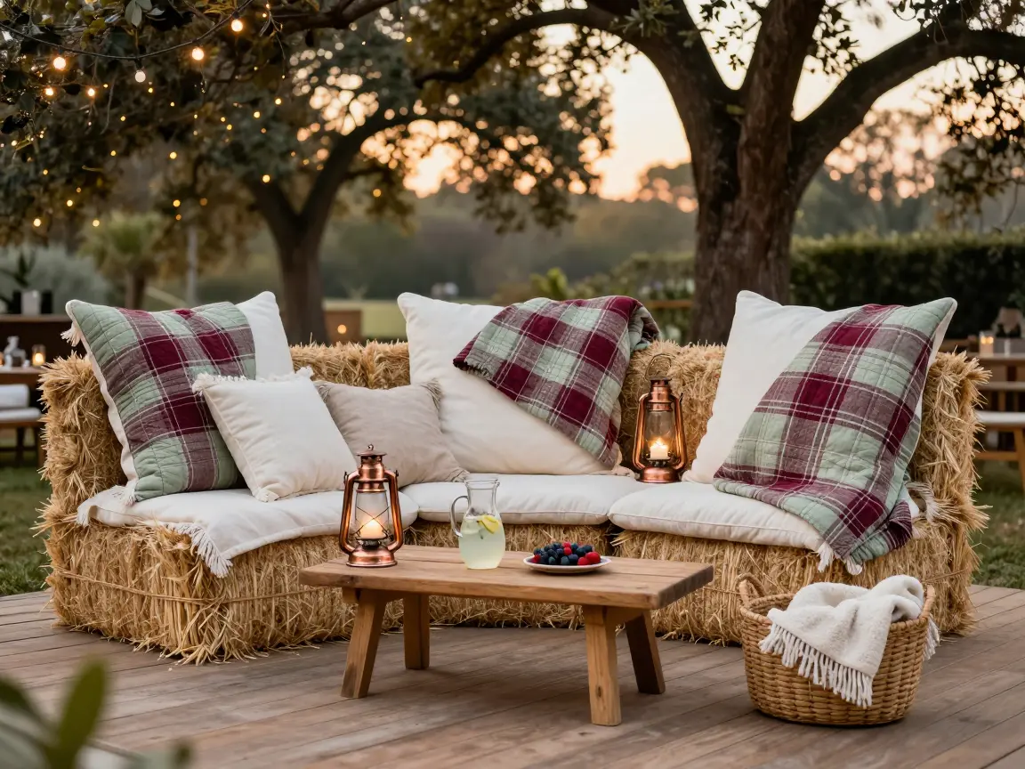 Straw bale lounge seating draped with quilted throws