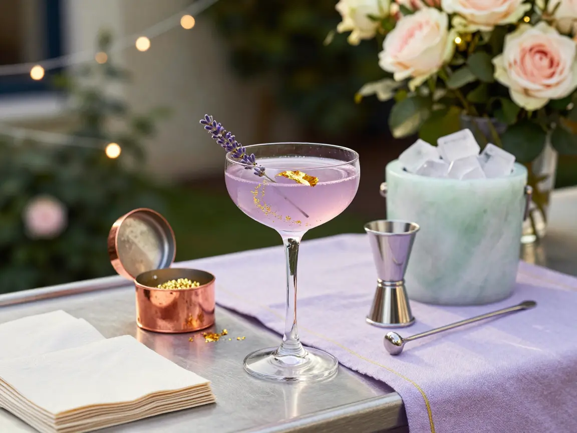 Lavender gin cocktail with edible gold shimmer and a lavender sprig