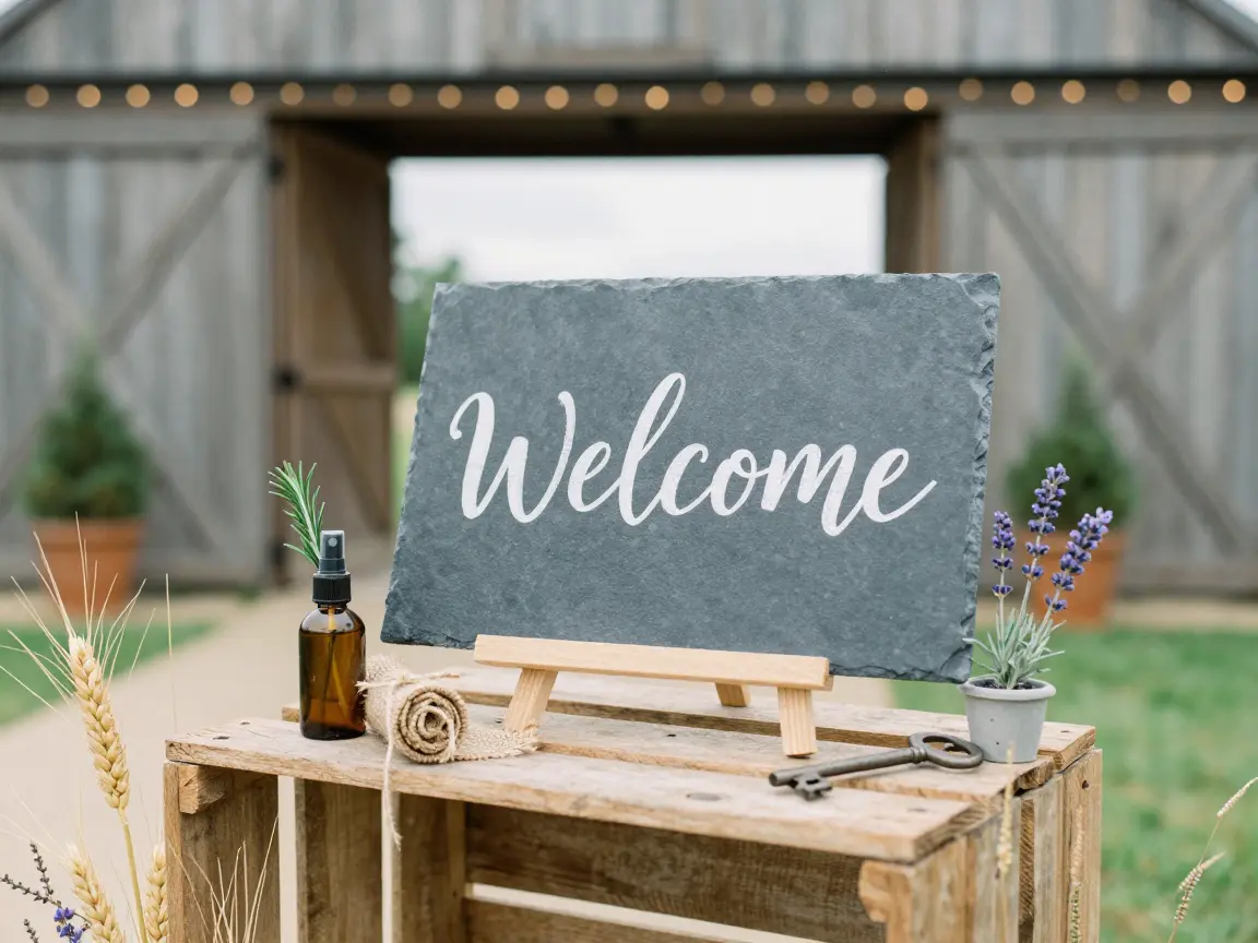 Weathered slate welcome sign with hand-lettered text on a low wooden crate