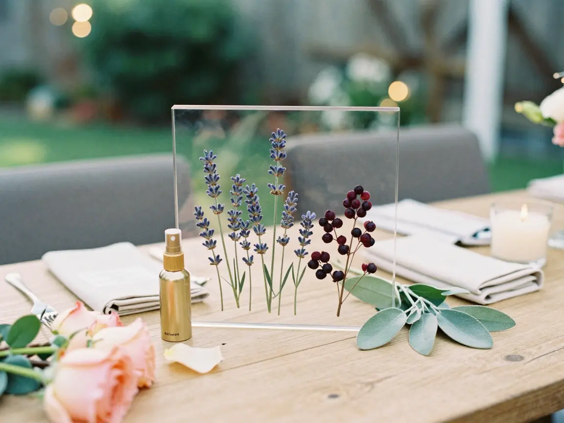 Floating glass frame holding pressed lavender and berries in wedding colors
