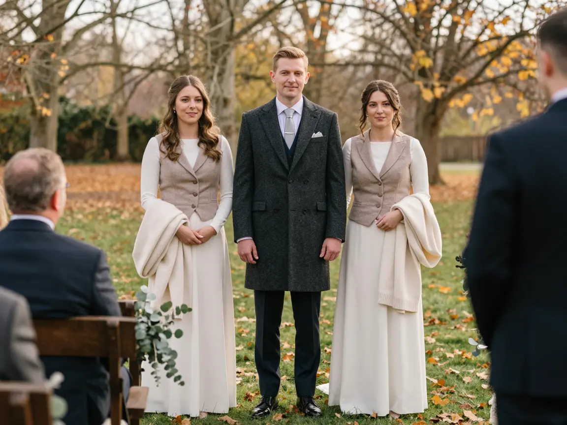 Charcoal tweed overcoat worn over a navy suit at an autumn wedding
