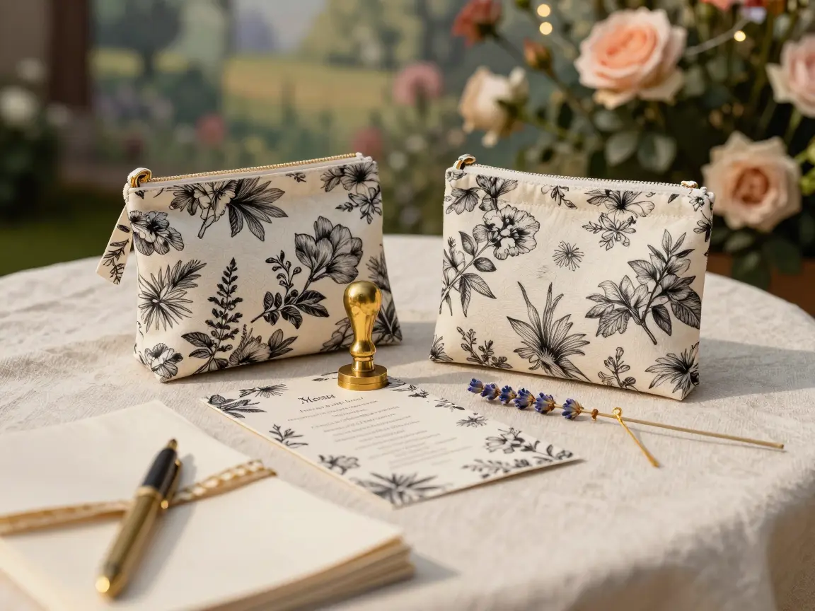 Ivory napkin and kraft favor pouches printed with black toile de Jouy garden scenes