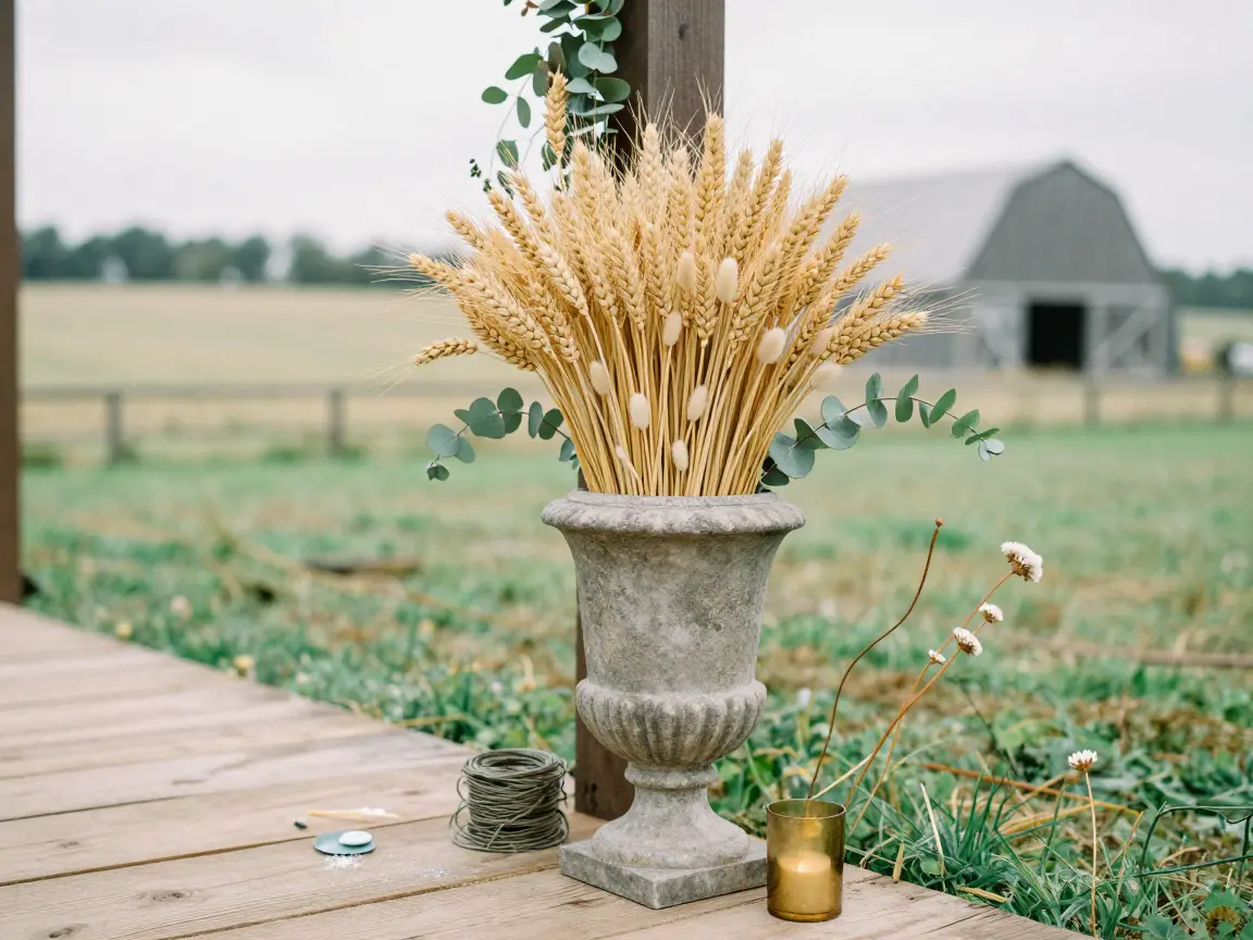 Floor urn filled with dried wheat stalks and eucalyptus at an aisle entrance