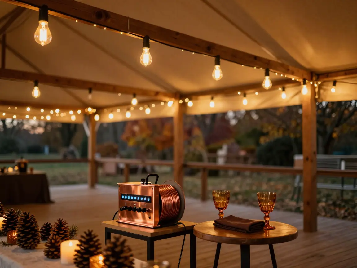 Warm amber bistro string lights hung over a fall wedding reception tent
