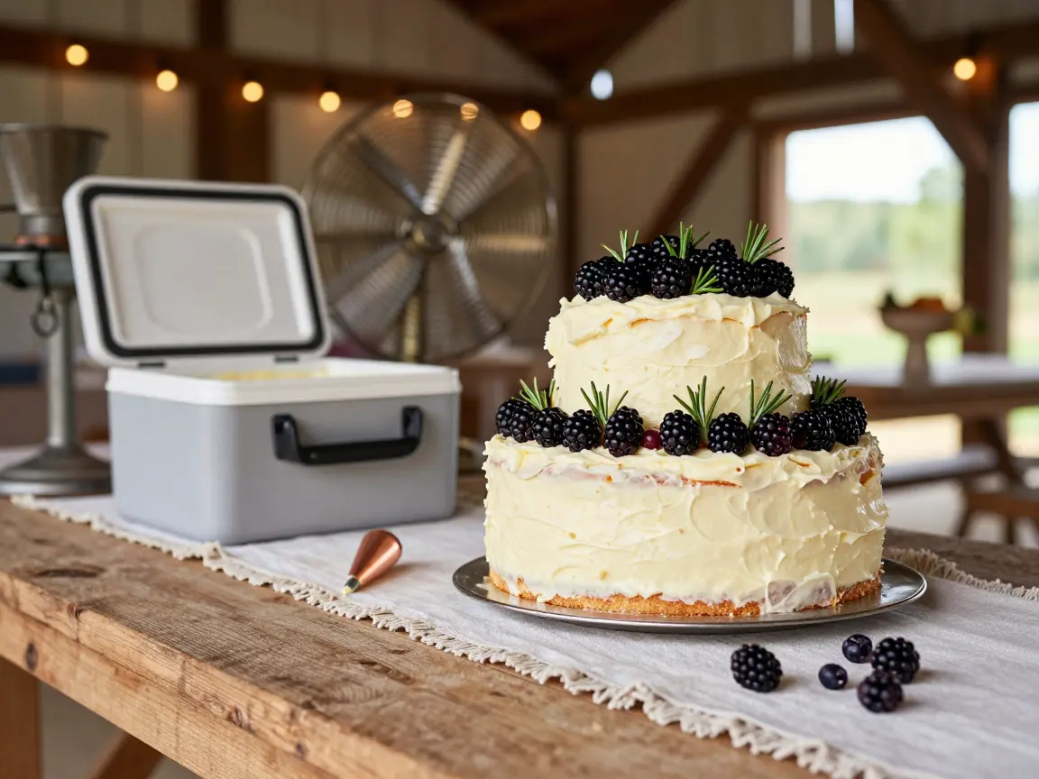 Semi-naked wedding cake topped with blackberries, currants and rosemary