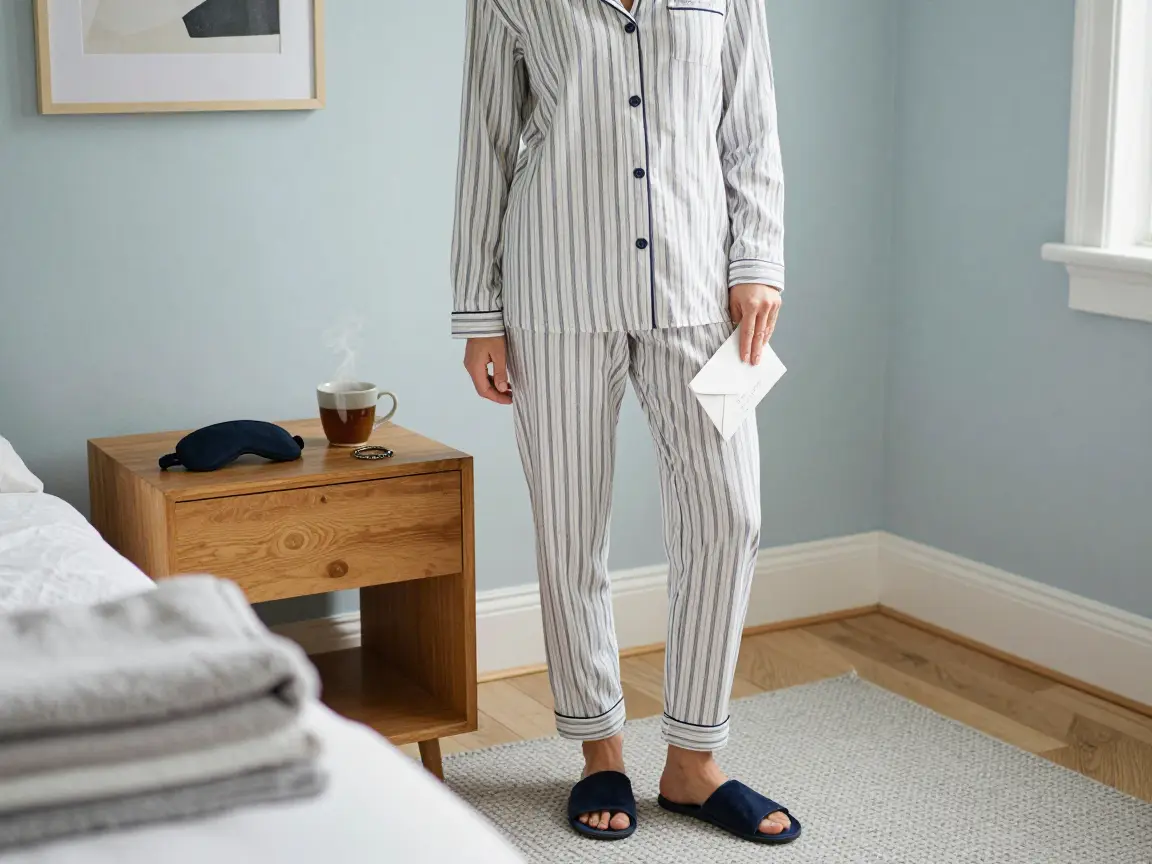 Button-down pajama set in crisp striped poplin laid flat