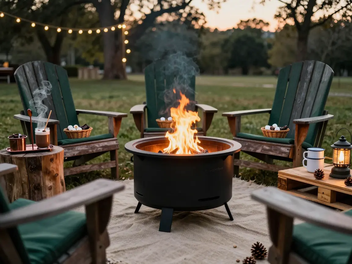 Smokeless metal fire pit with seating for roasting s’mores at a wedding
