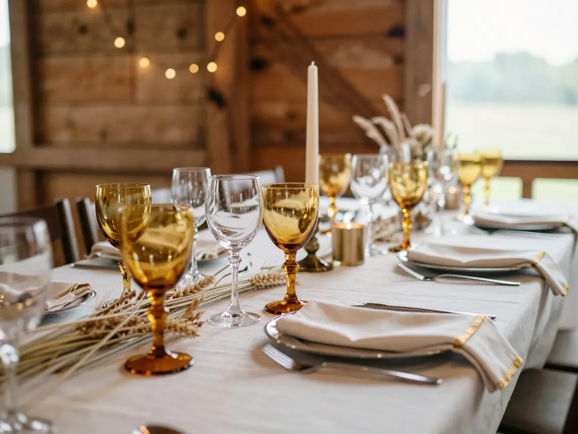 Vintage amber glass goblets on a neutral linen tablecloth