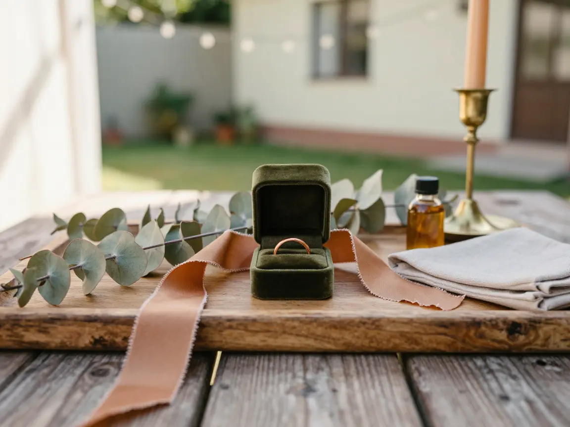 Olive velvet ring box with ochre hand-torn silk ribbon on a reclaimed wood tray