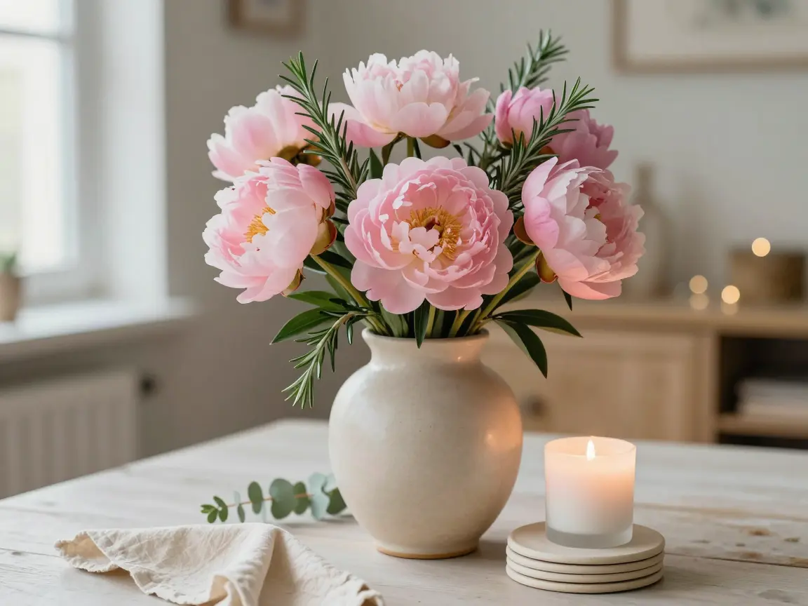 Matte oatmeal stoneware bud vase holding peonies and rosemary