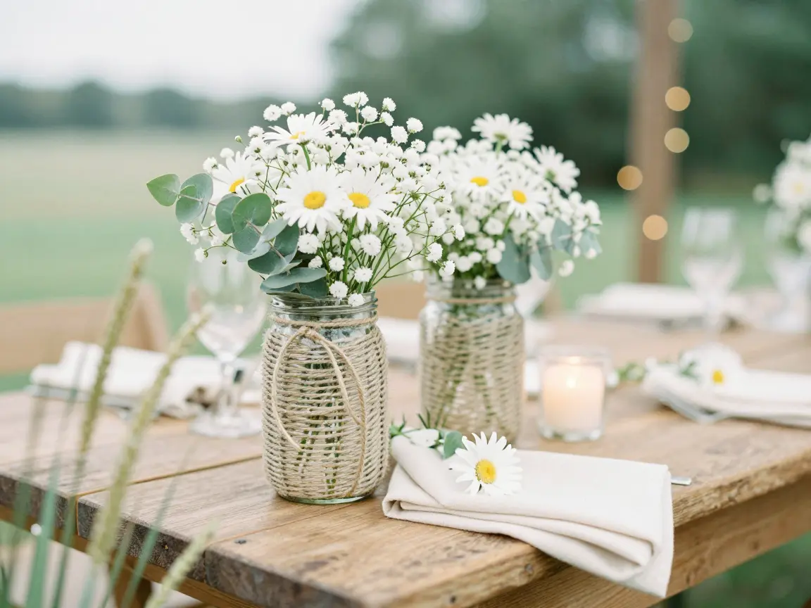 19. Twine-Wrapped Mason Jars with Baby's Breath and Daisies