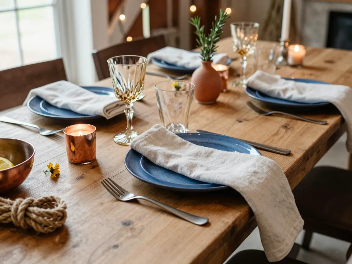 Speckled enamel plates with linen napkins and matte flatware on a wooden table