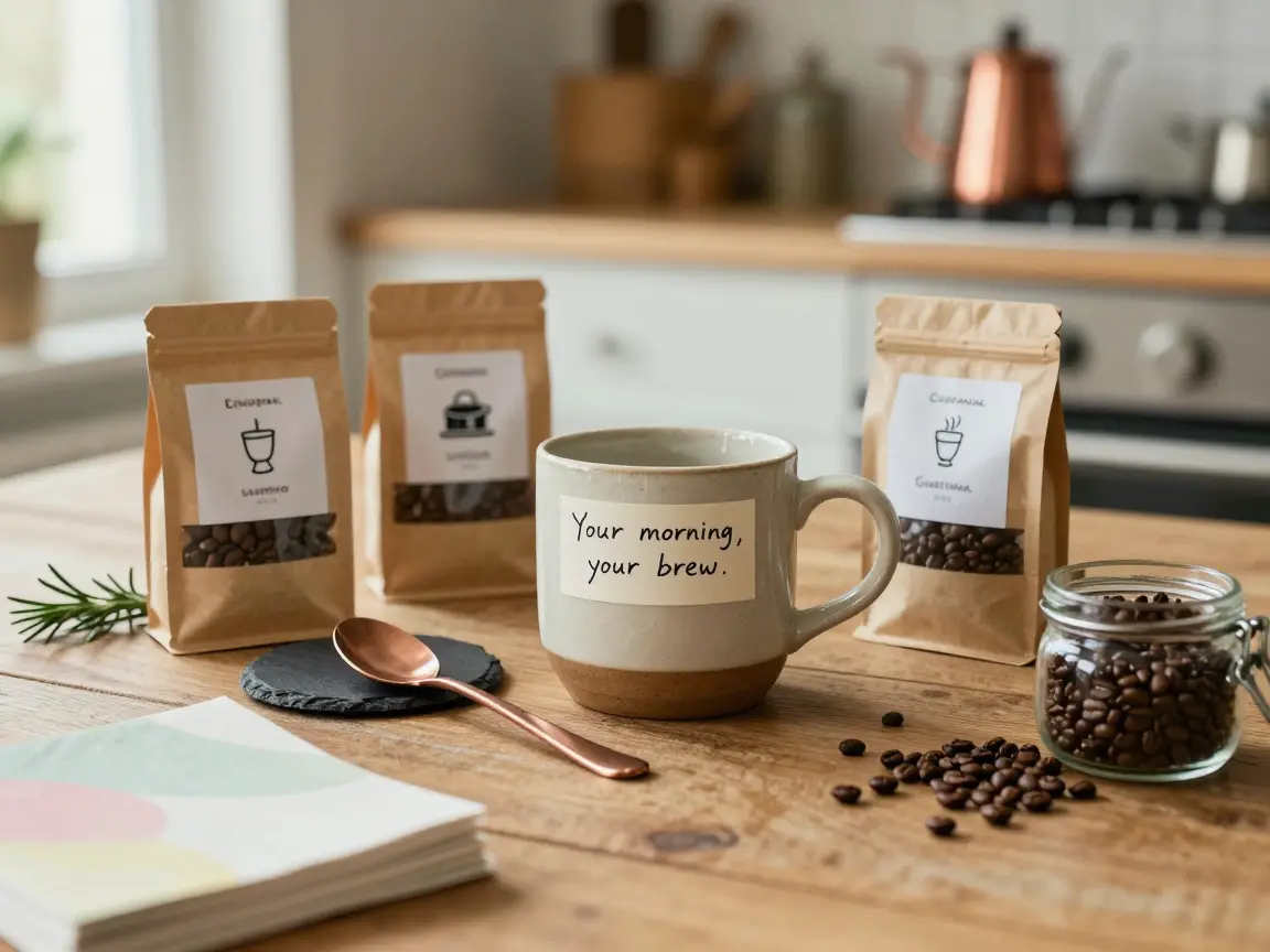 Three bags of whole-bean coffee beside a handmade ceramic mug