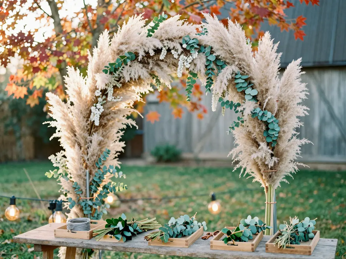 Metal arch with dried pampas, lunaria, and fresh eucalyptus bundles