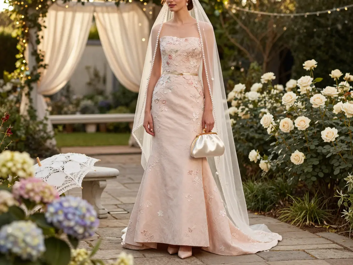 Blush brocade corseted bridal gown with pastel embroidery on the bodice
