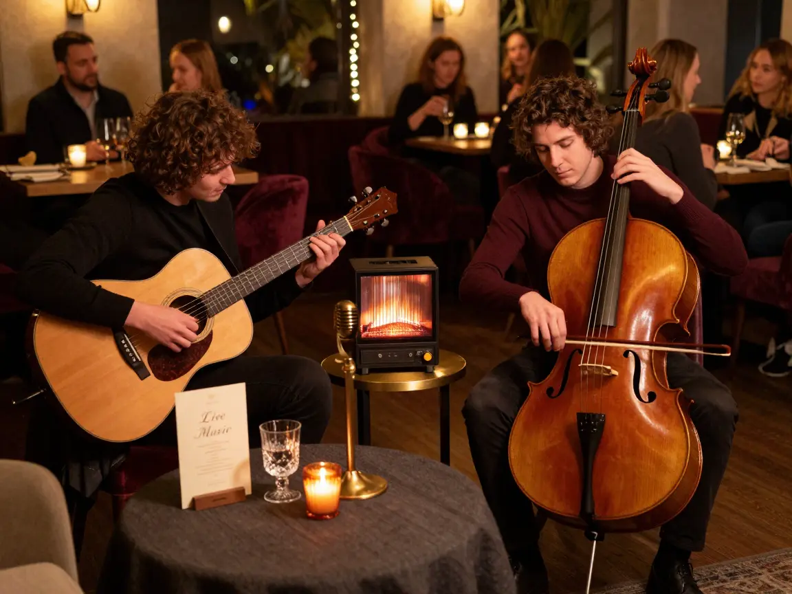 Acoustic guitar and cello duo playing during a wedding cocktail hour
