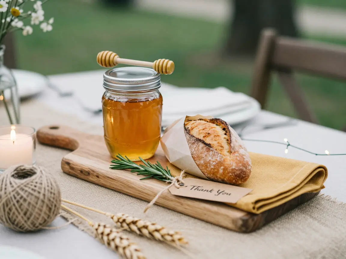 Mini sourdough loaf wrapped in parchment beside a small jar of local honey