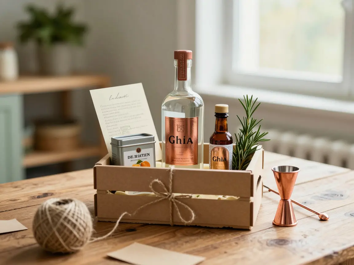 Wooden crate with a miniature gin bottle, bitters, and a jigger tied with twine