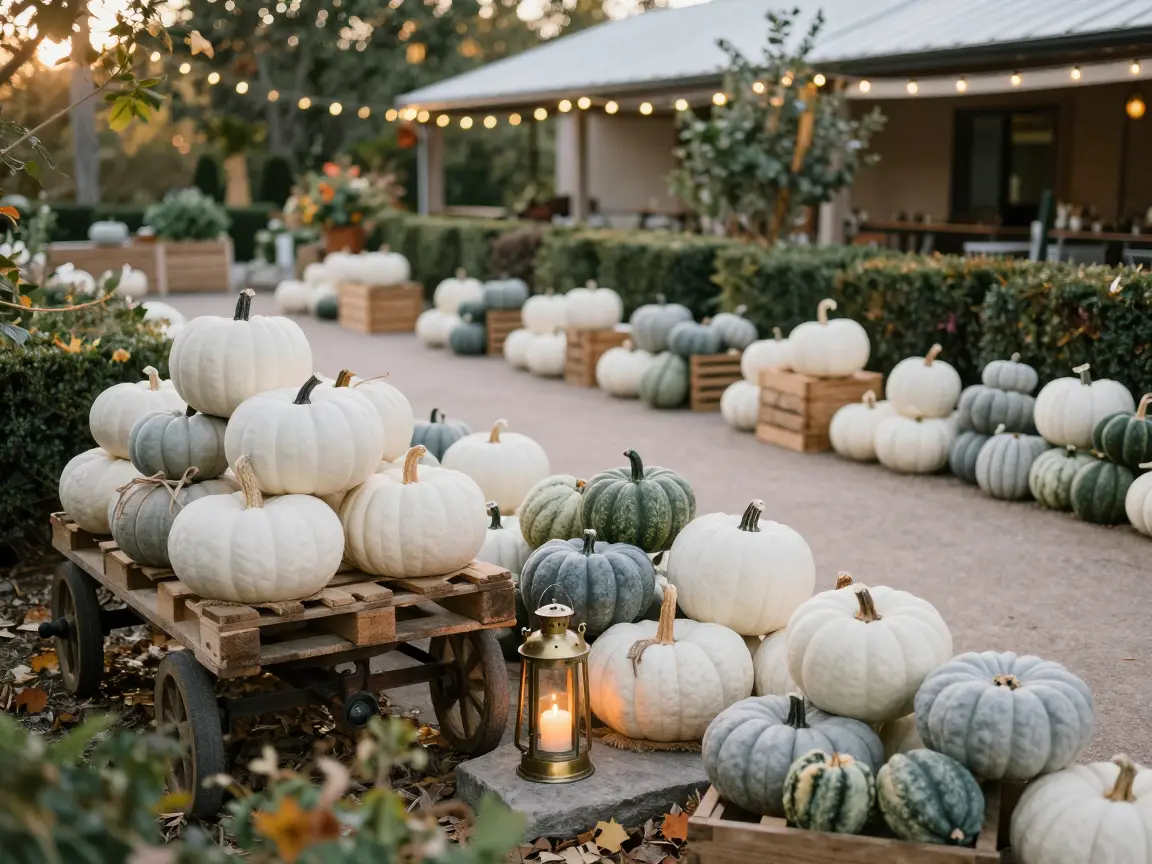 Clusters of white and blue-gray heirloom pumpkins lining a ceremony aisle