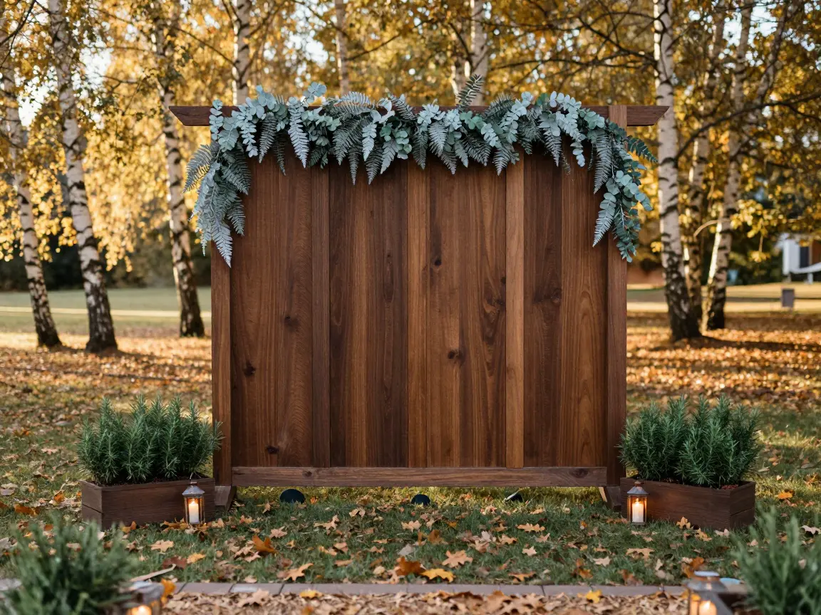 Walnut-stained wood ceremony arch with evergreen and eucalyptus sprigs