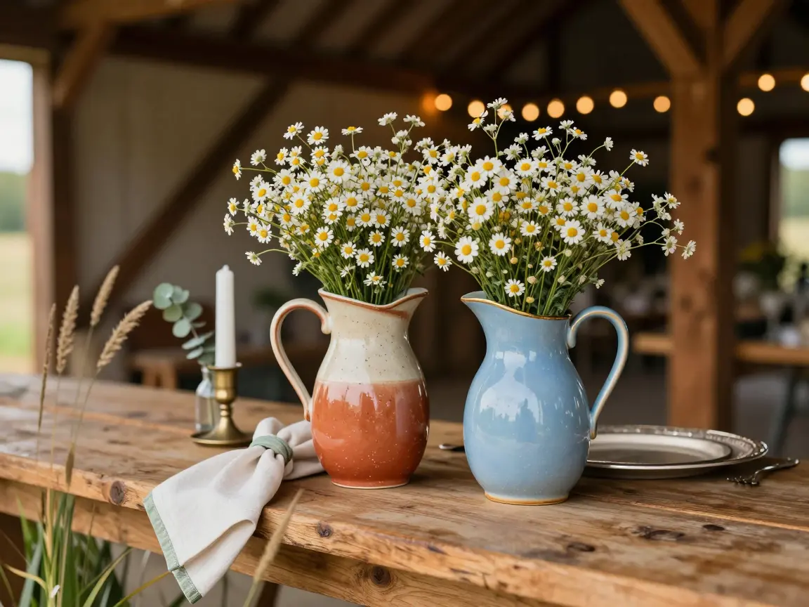 3. Mismatched Ceramic Pitchers with Chamomile