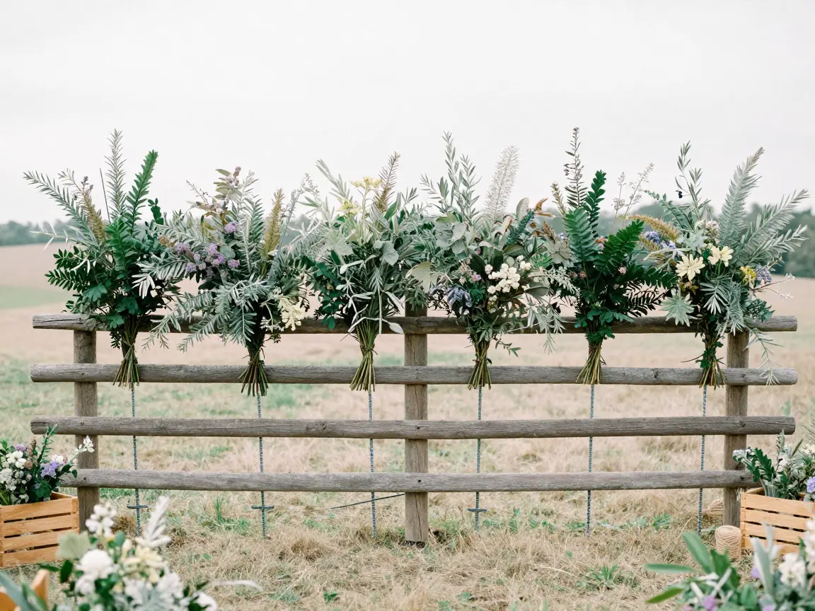 Split-rail cedar fence ceremony backdrop with asymmetrical greenery and wildflowers