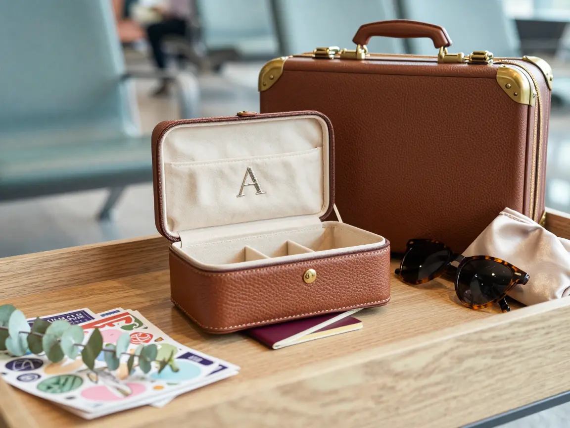 Monogrammed pebble-grain leather travel jewelry case with a zip closure