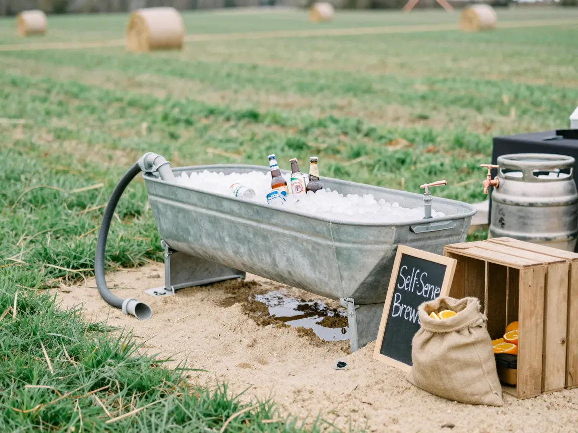 Galvanized stock tank filled with ice and craft beverages on a grass lawn