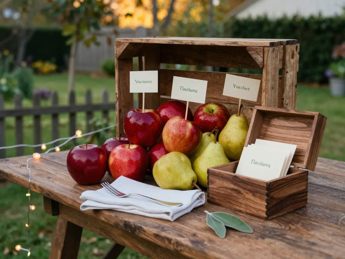 Wooden crate of apples and pears holding cardstock escort cards